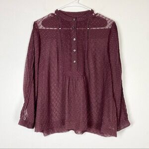 MADEWELL Plum Pintuck Clipdot Sheer Buttom Front Blouse Purple Red Large